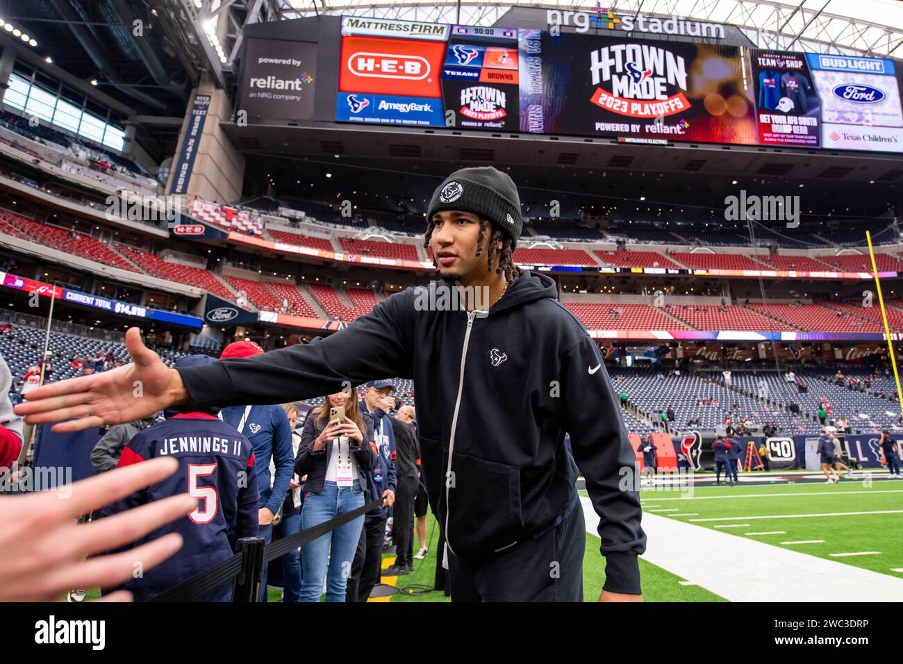 January 13, 2024: Houston Texans quarterback C.J. Stroud greets fans prior to a Wild Card playoff game between the Cleveland Browns and the Houston Texans in Houston, TX. Trask Smith/CSM Stock Photo
