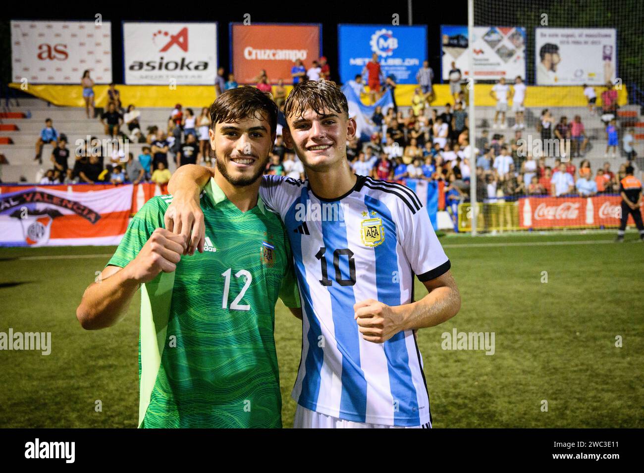 Portrait of Argentine international players Nico Paz with his teammates after winning the COTIF 2022 tournament in Alcudia, Valencia, Spain. Stock Photo