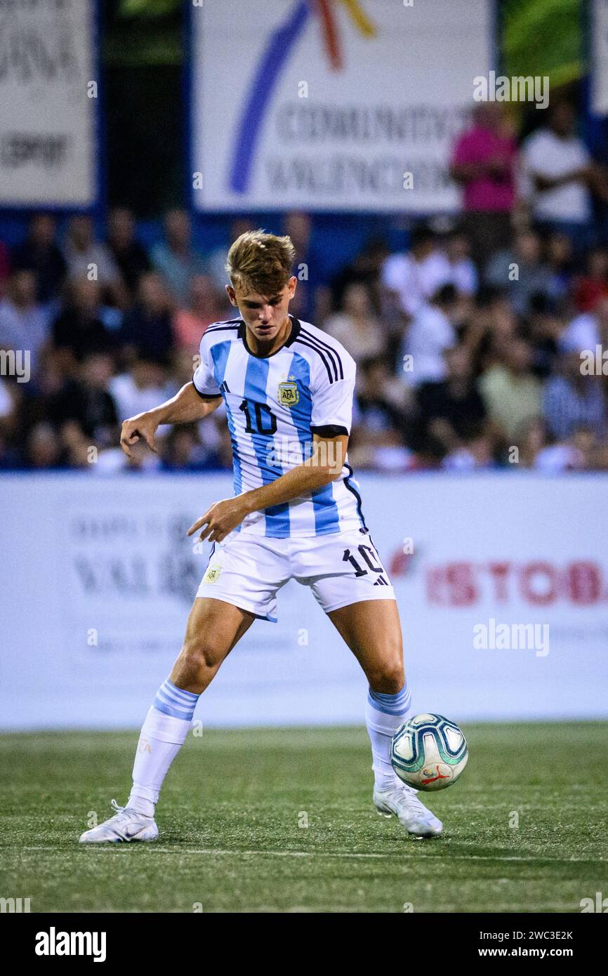 Real Madrid's Spanish-Argentine player Nico Paz during a match of the Argentina National Team in the COTIF 2022 tournament, Alcudia, Valencia, Spain Stock Photo