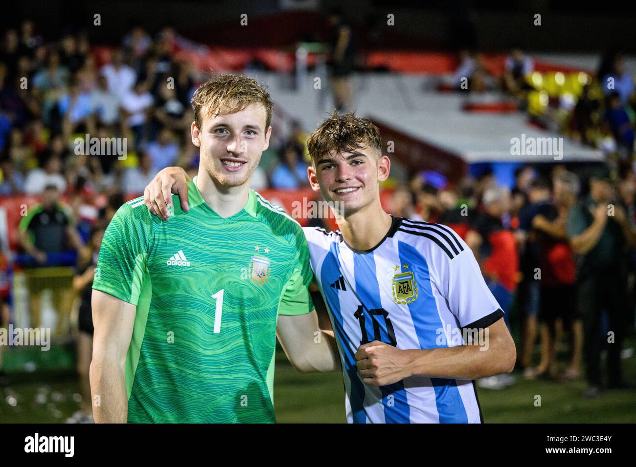 Portrait of Argentine international players, Nico Paz and Federico Gomes after winning the COTIF 2022 tournament in Alcudia, Valencia, Spain Stock Photo