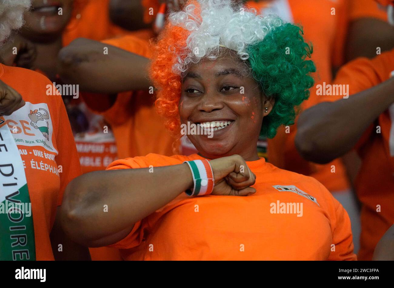 January 13 2024: . Ivory Coast fans during a African Cup of Nations Group A game, Ivory Coast vs Guinea Bissau, at Stade Olympique Alassane Ouattara, Abidjan, Ivory Coast. Kim Price/CSM Stock Photo