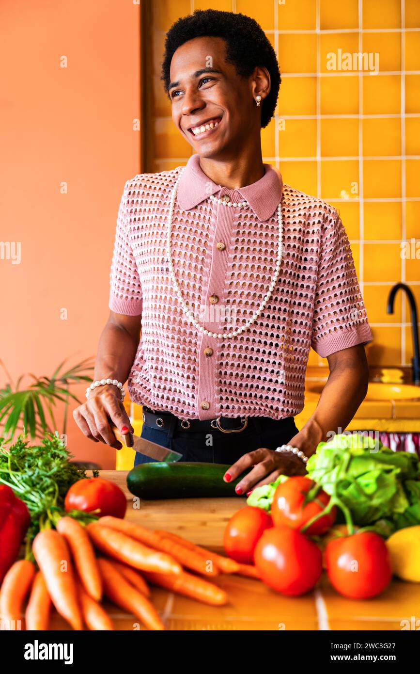 Fluid gender young man wearing cross dressing clothing at home, LGBTQ