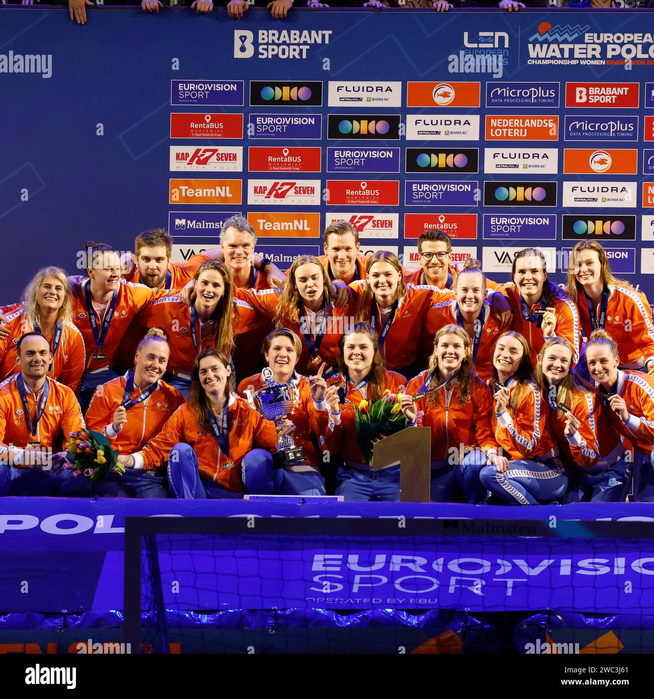 EINDHOVEN, NETHERLANDS - JANUARY 13: Laura Aarts of the Netherlands with the award for the best goal keeper during the European Waterpolo Championships 2024 Final Women match Spain v Netherlands on January 13, 2024 in Eindhoven, Netherlands . Credit: BSR Agency/Alamy Live News Stock Photo