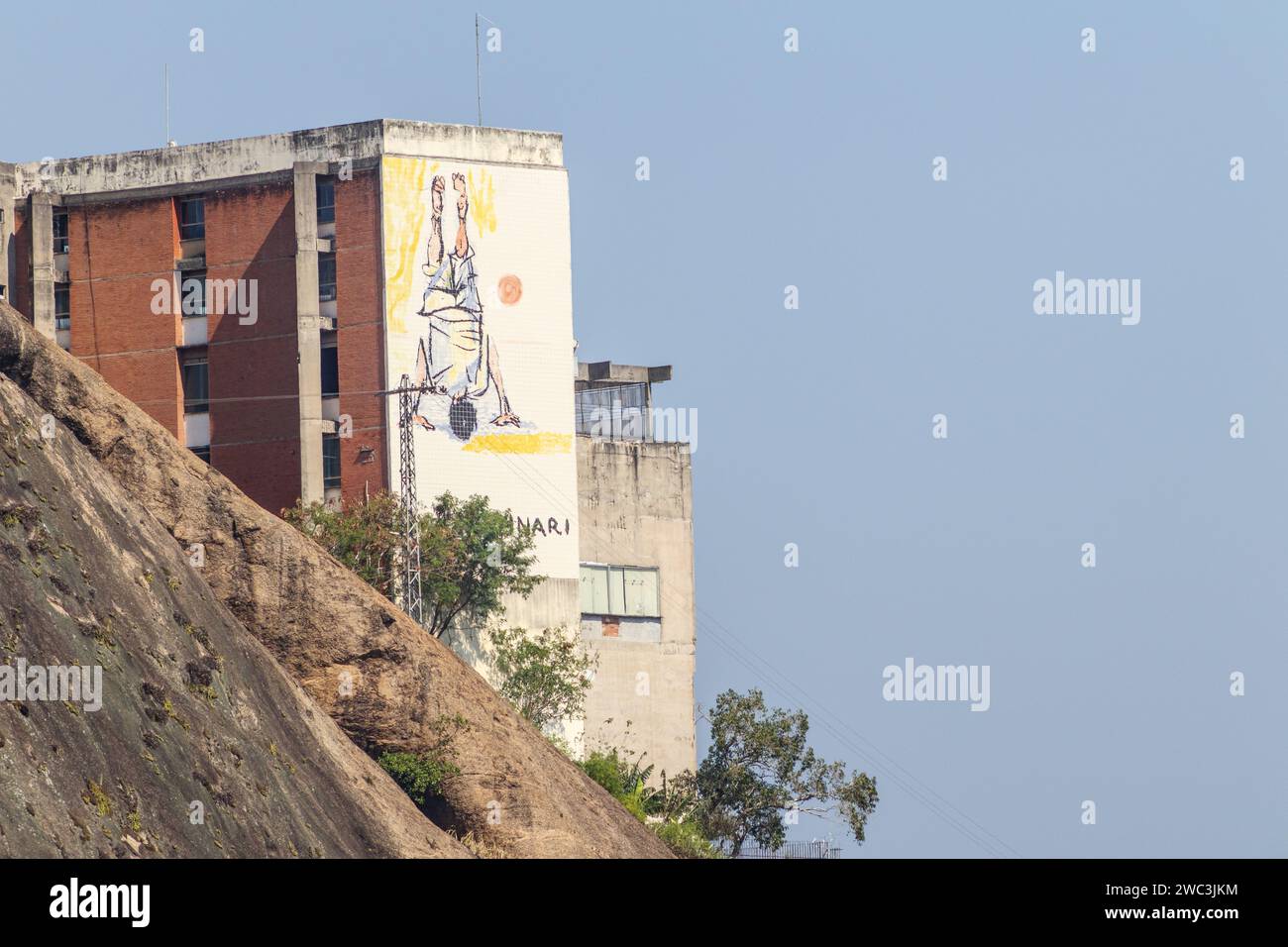 Portinari painting on a wall at the top of Cantagalo Hill in Rio de Janeiro, Brazil - July 28, 2018: Panel by the painter Candido Portinari at Cantaga Stock Photo