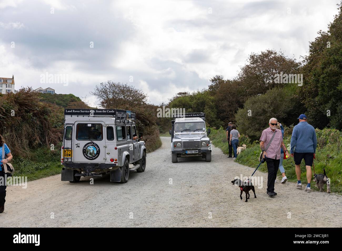Tintagel Castle in Cornwall, Land Rover Defenders are used to ferry ...