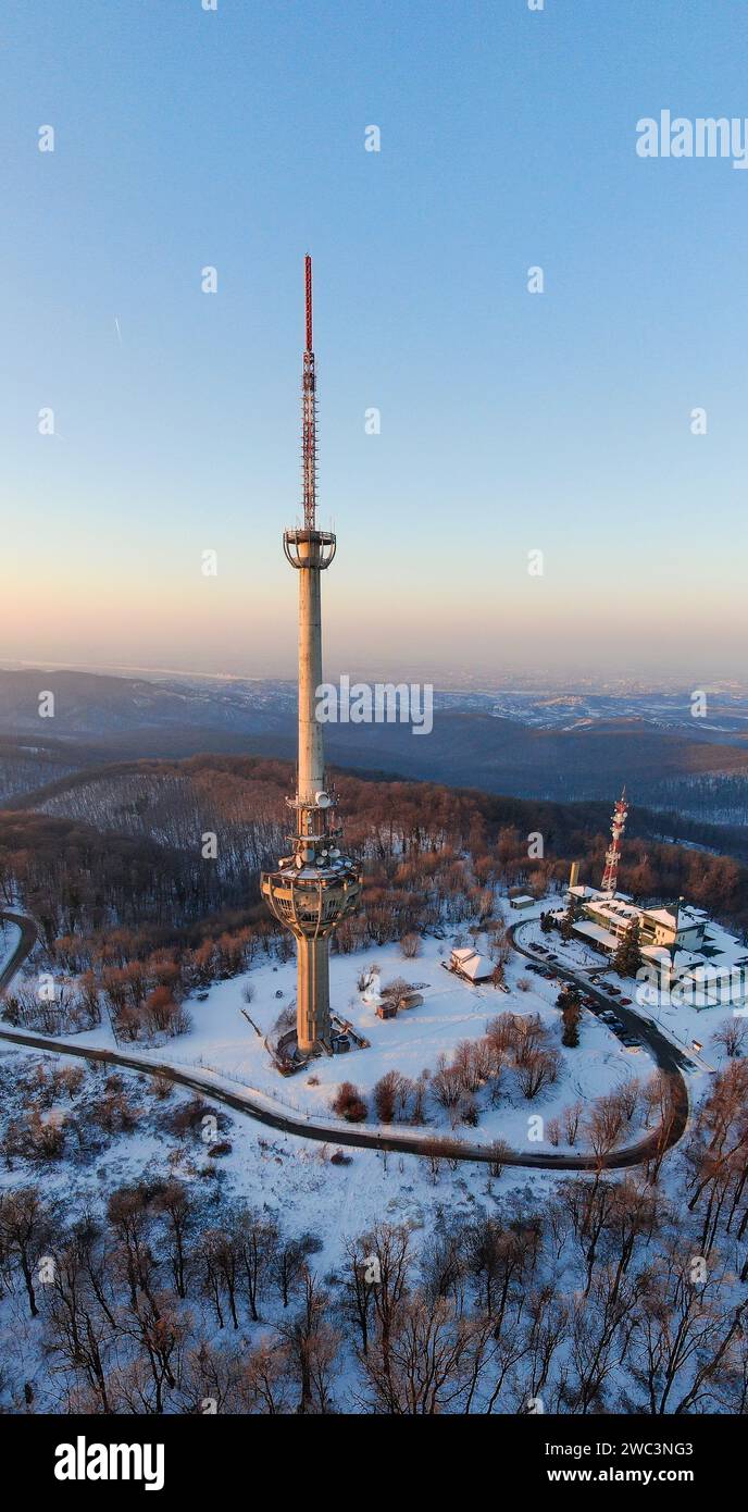 Aerial view on television tower in Novi Sad Serbia bombed by NATO in 1999. High quality photo Stock Photo
