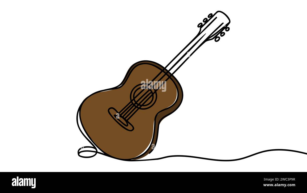 One single line drawing of wooden classic acoustic guitar. Stock Vector