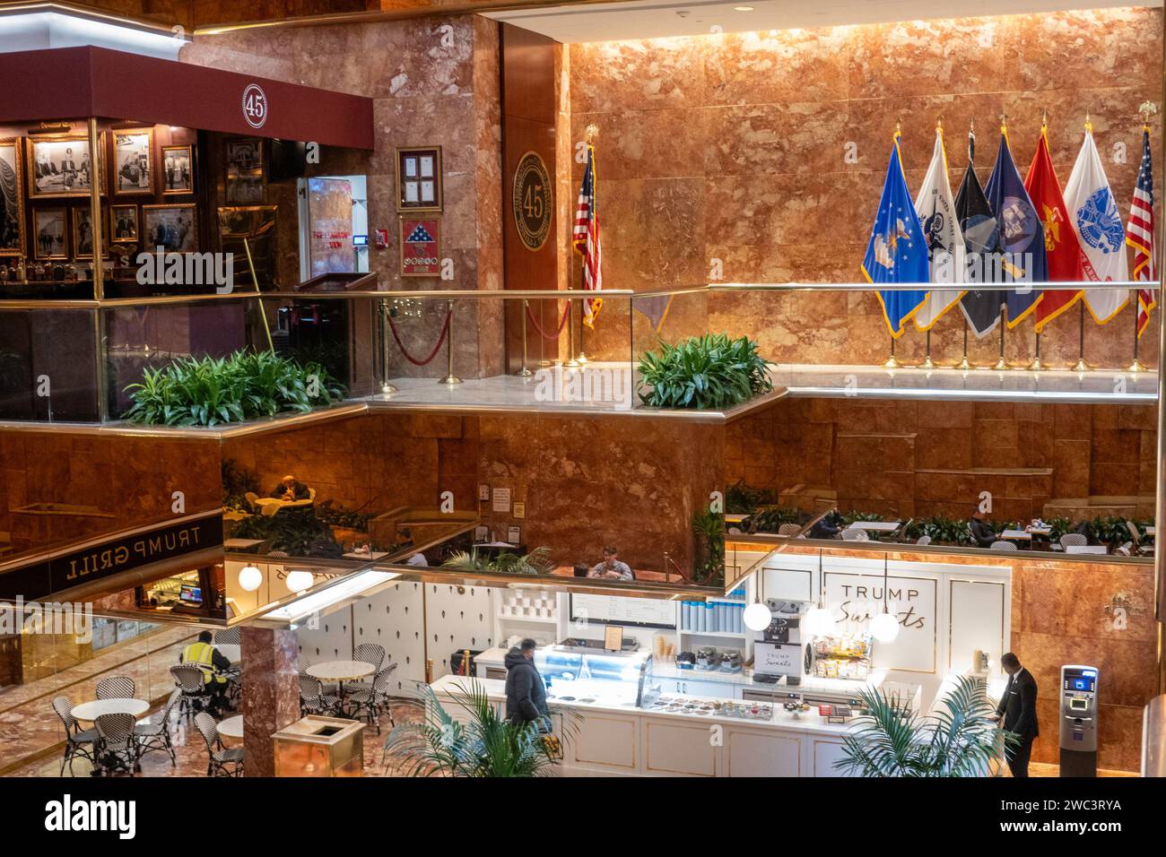 The interior of Trump tower features both restaurants and shops, New York City, USA, 2024 Stock Photo