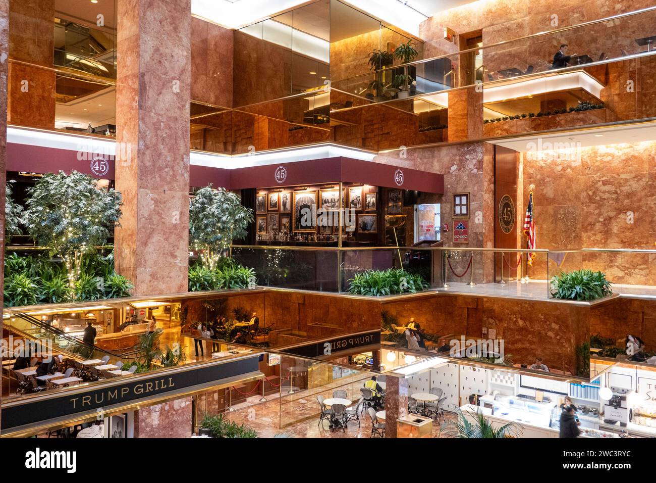 The interior of Trump tower features both restaurants and shops, New York City, USA, 2024 Stock Photo