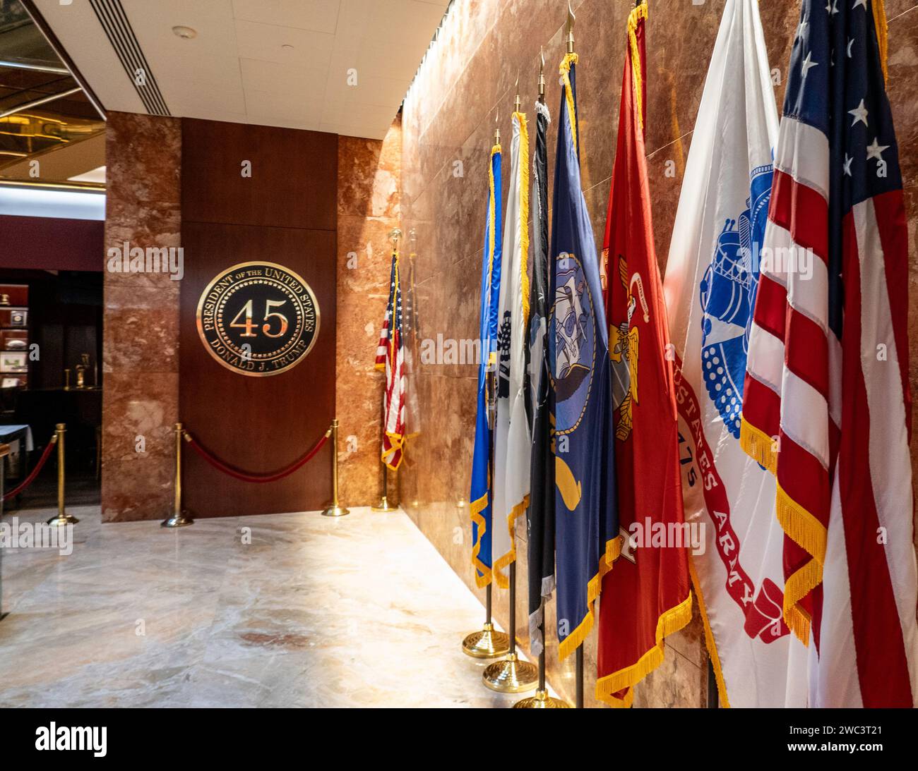 The interior of Trump tower features both restaurants and shops, New York City, USA, 2024 Stock Photo