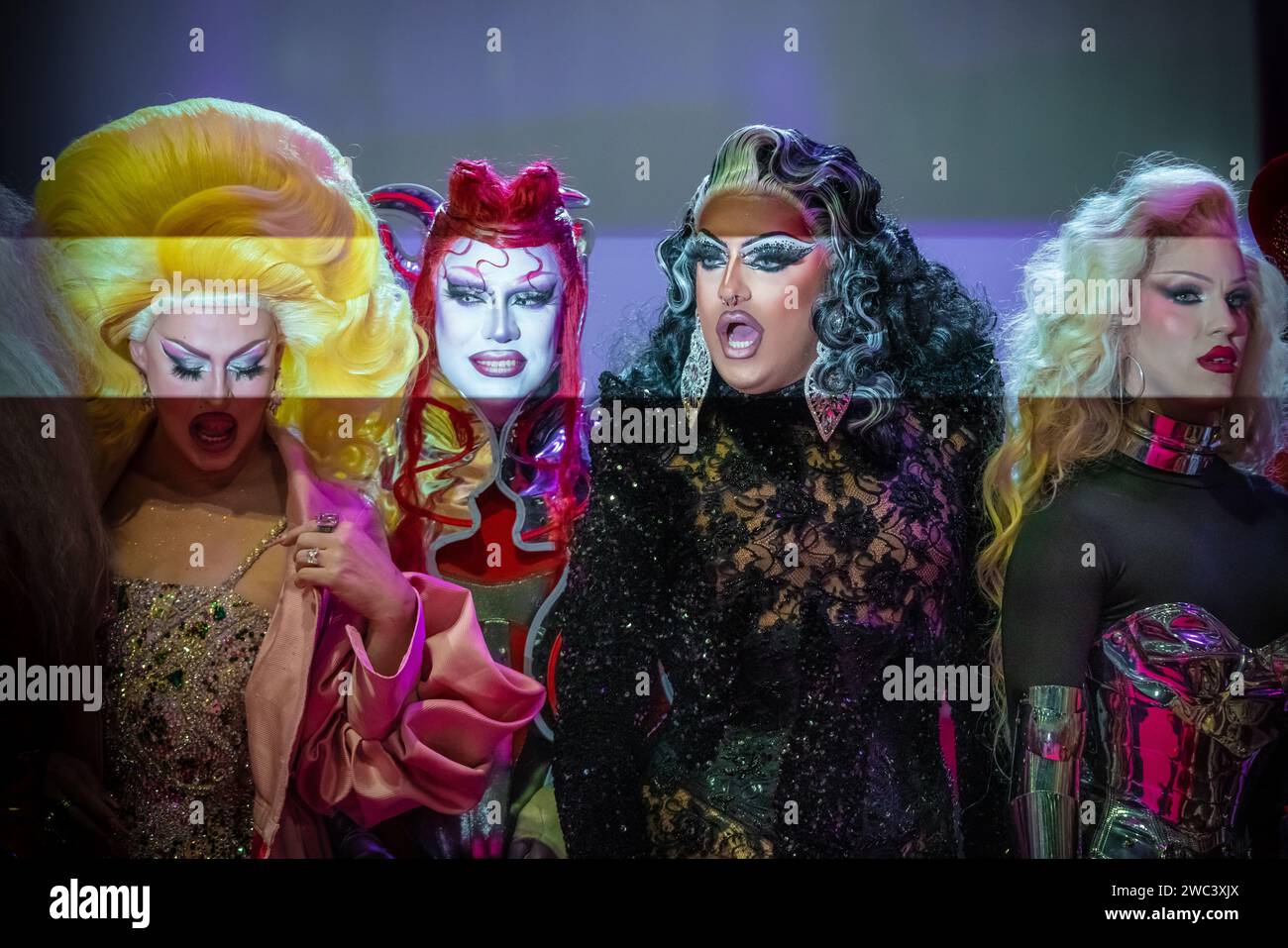 London, UK. 13th January 2024. Vibrant Drag Queens and fans arrive at