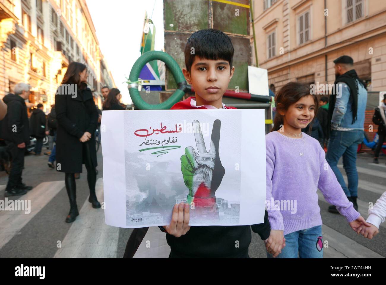 Rome, Italy. 13th Jan, 2024. A shot of a rally pro Palestine in Rome ...