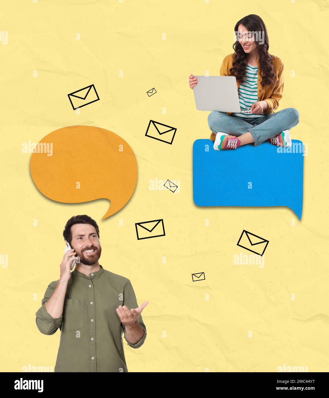 Dialogue. Woman with laptop and man talking on mobile phone on color background. Speech bubbles and letter illustrations near them Stock Photo