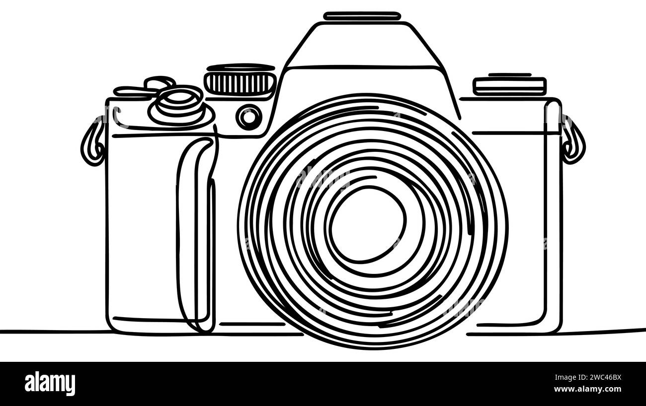 One single line drawing of old retro analog slr camera with telephoto