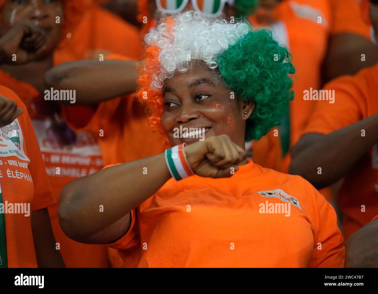 January 13 2024: . Ivory Coast fans during a African Cup of Nations Group A game, Ivory Coast vs Guinea Bissau, at Stade Olympique Alassane Ouattara, Abidjan, Ivory Coast. Kim Price/CSM Stock Photo