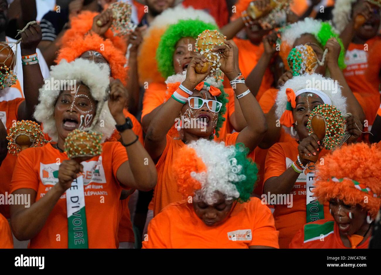 January 13 2024: . Ivory Coast fans during a African Cup of Nations Group A game, Ivory Coast vs Guinea Bissau, at Stade Olympique Alassane Ouattara, Abidjan, Ivory Coast. Kim Price/CSM (Credit Image: © Kim Price/Cal Sport Media) Stock Photo