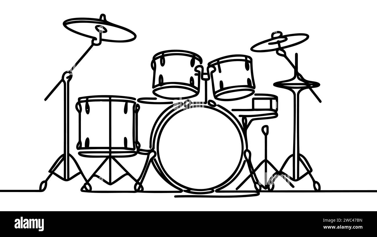 One single line drawing of drum band set. Percussion music instruments ...