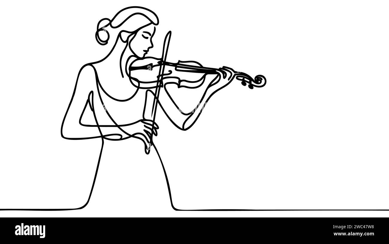 Violinist woman girl playing violin. Continuous one line drawing art