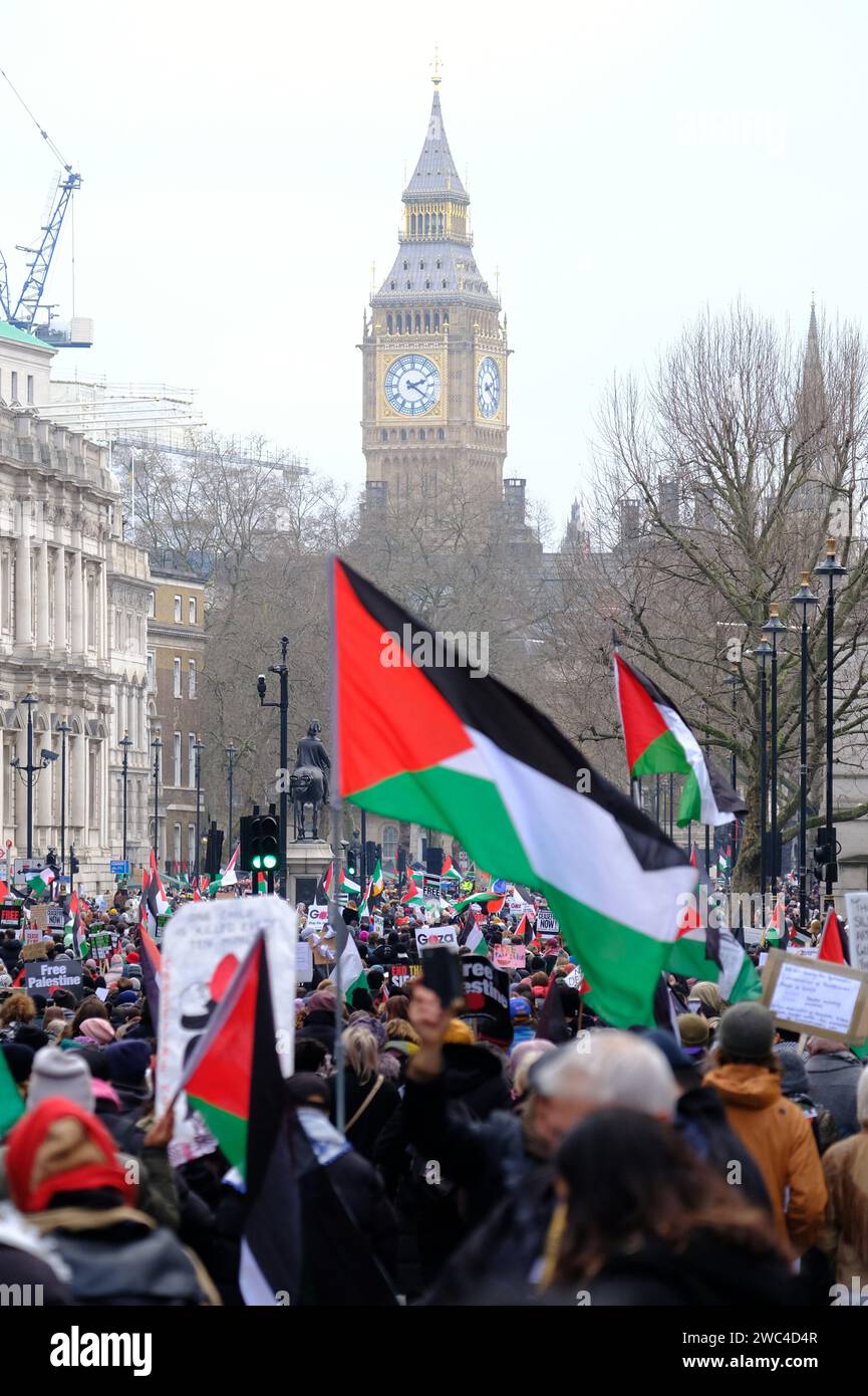London, UK. 13th January, 2024. Thousands of pro-Palestinian protesters marched from the City of London to Parliament Square, calling for an immediate ceasefire. Despite mass protests globally, and the seventh national march, shows no sign of happening soon as the Palestinian death toll rises to 23,000 and thousands more are injured, facing dire conditions inside the few functioning medical facilities. Credit: Eleventh Hour Photography/Alamy Live News Stock Photo