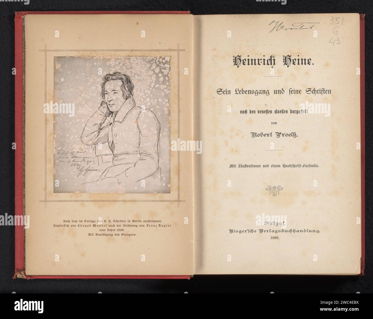 Photo production of an etched portrait of Heinrich Heine by Eduard Mandel to a drawing by Franz Kugler, Edouard Heinrich Schröder, after Eduard Mandel, after Franz Kugler, c. 1881 - in or before 1886 photograph   baryta paper  portrait of a writer Stock Photo