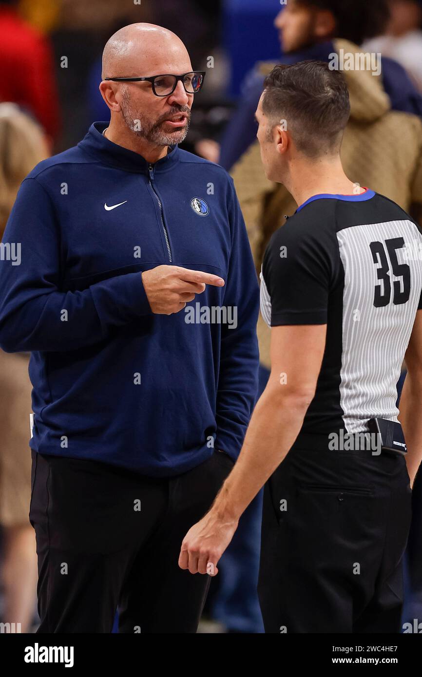 Dallas Mavericks coach Jason Kidd speaks to referee Jason Goldenberg (35) about a call after the team's NBA basketball game against the New Orleans Pelicans, Saturday, Jan. 13, 2024, in Dallas. (AP Photo/Brandon Wade) Stock Photo