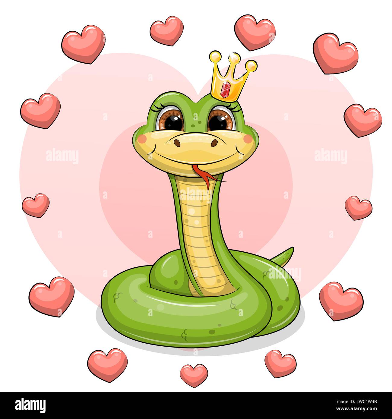 Cute cartoon green snake with a crown in a heart frame. Vector illustration of an animal on a red background. Stock Vector