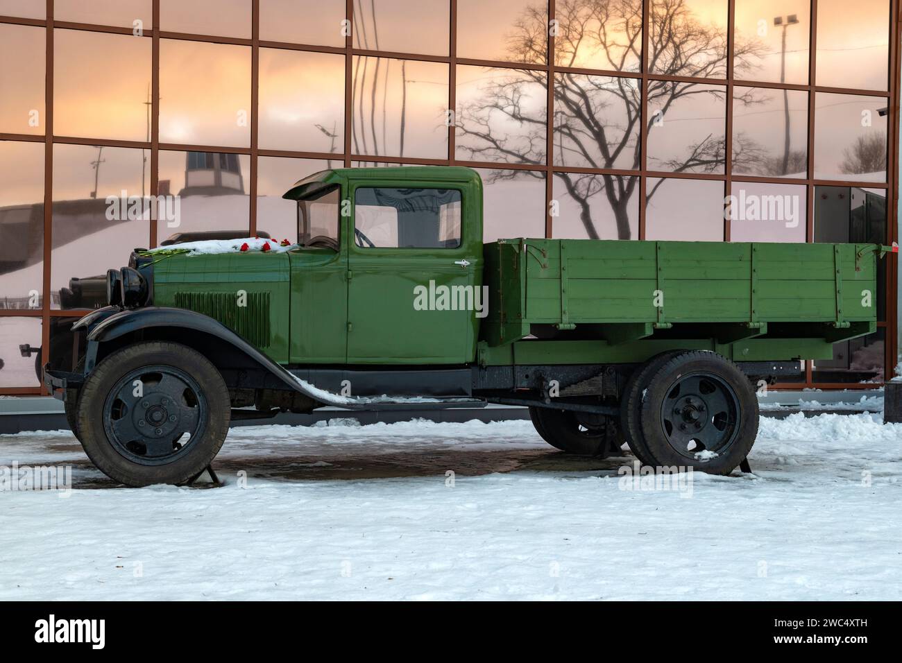 KIROVSK, RUSSIA - DECEMBER 18, 2023: Legendary Soviet truck GAZ-AA (Polutorka) on December morning. Exposition of the Museum 'Breakthrough of the Bloc Stock Photo