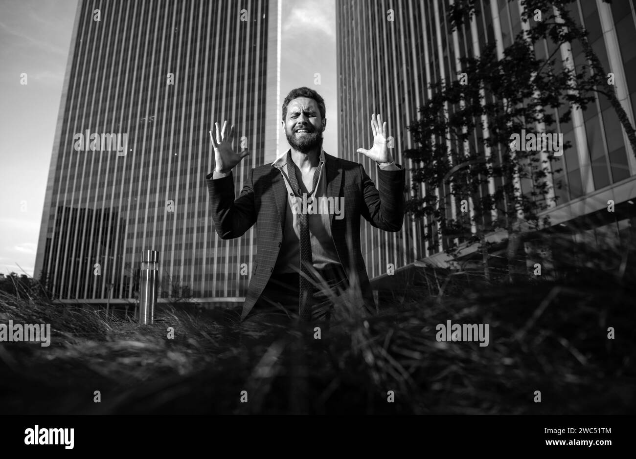 Stressed businessman crying. Business man in sad depressed crying