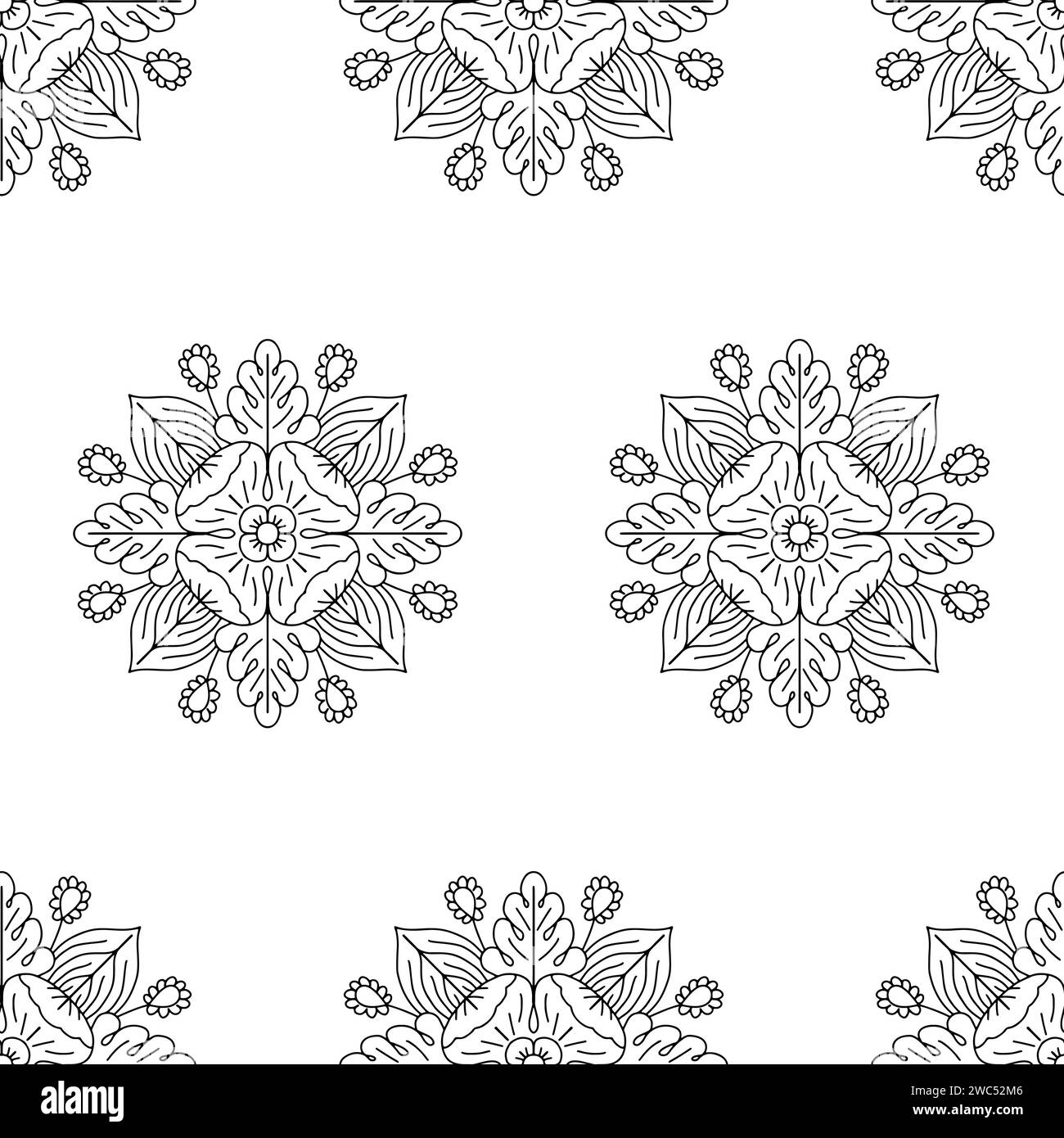 Seamless pattern with hand drawn linear classic floral rosettes Stock Vector