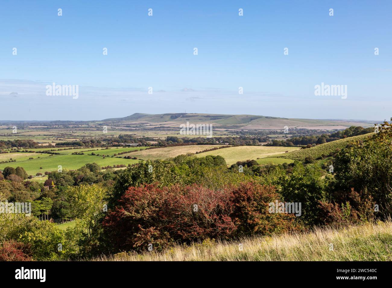 A view from Kingston Ridge in the South Downs, on a sunny September day Stock Photo