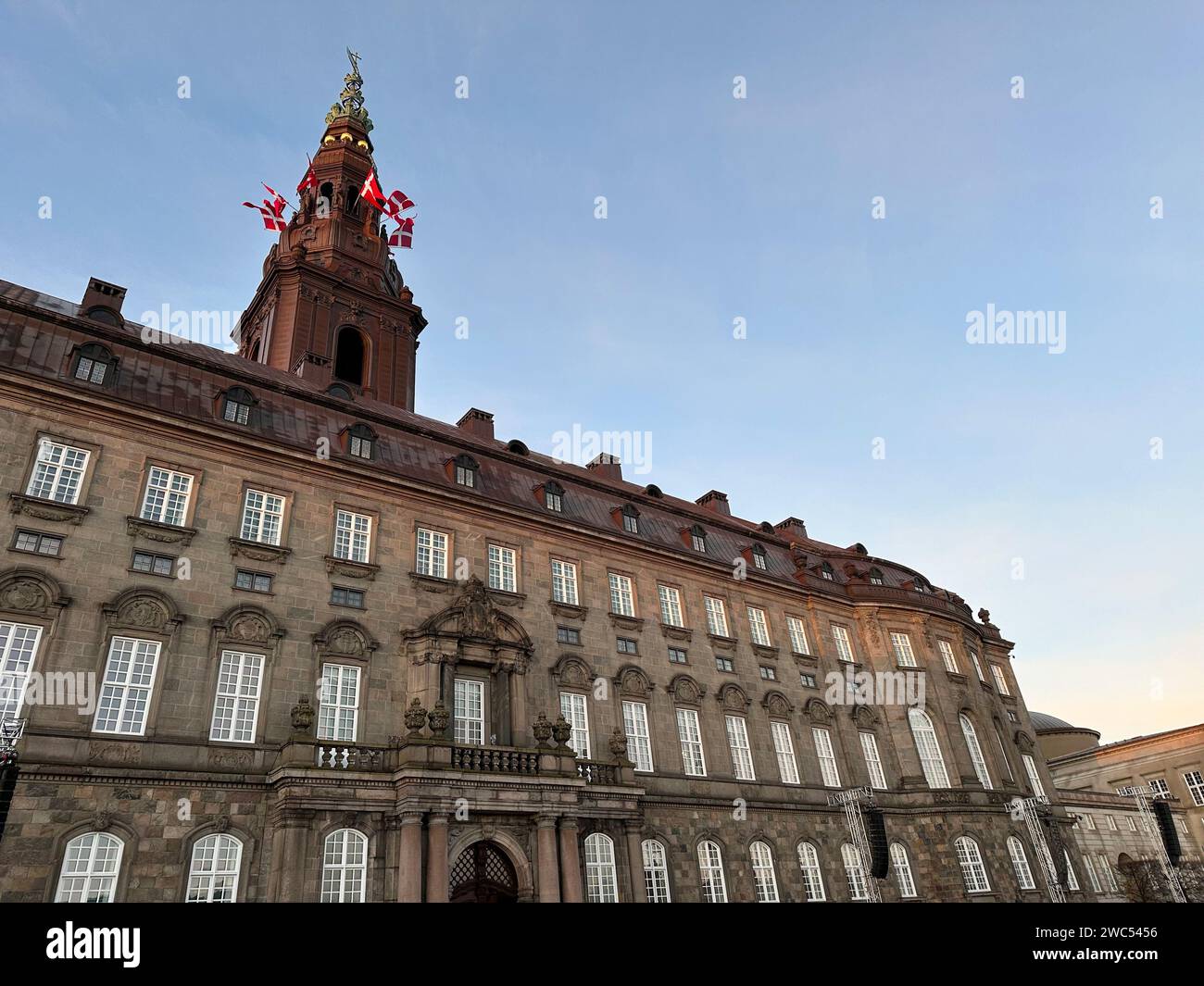 Kopenhagen Denmark 14th Jan 2024 Danish Flags Are Raised At   Kopenhagen Denmark 14th Jan 2024 Danish Flags Are Raised At Christiansborg Palace After 52 Years Of Regency The Long Serving Queen Margrethe Ii Will Hand Over The Throne On Sunday To Her Son Crown Prince Frederik Who Will Bear The Title King Frederik X In Future Denmarks Prime Minister Frederiksen Will Proclaim The New Monarch From The Palace Balcony In The Afternoon Credit Steffen Trumpfdpaalamy Live News 2WC5456 