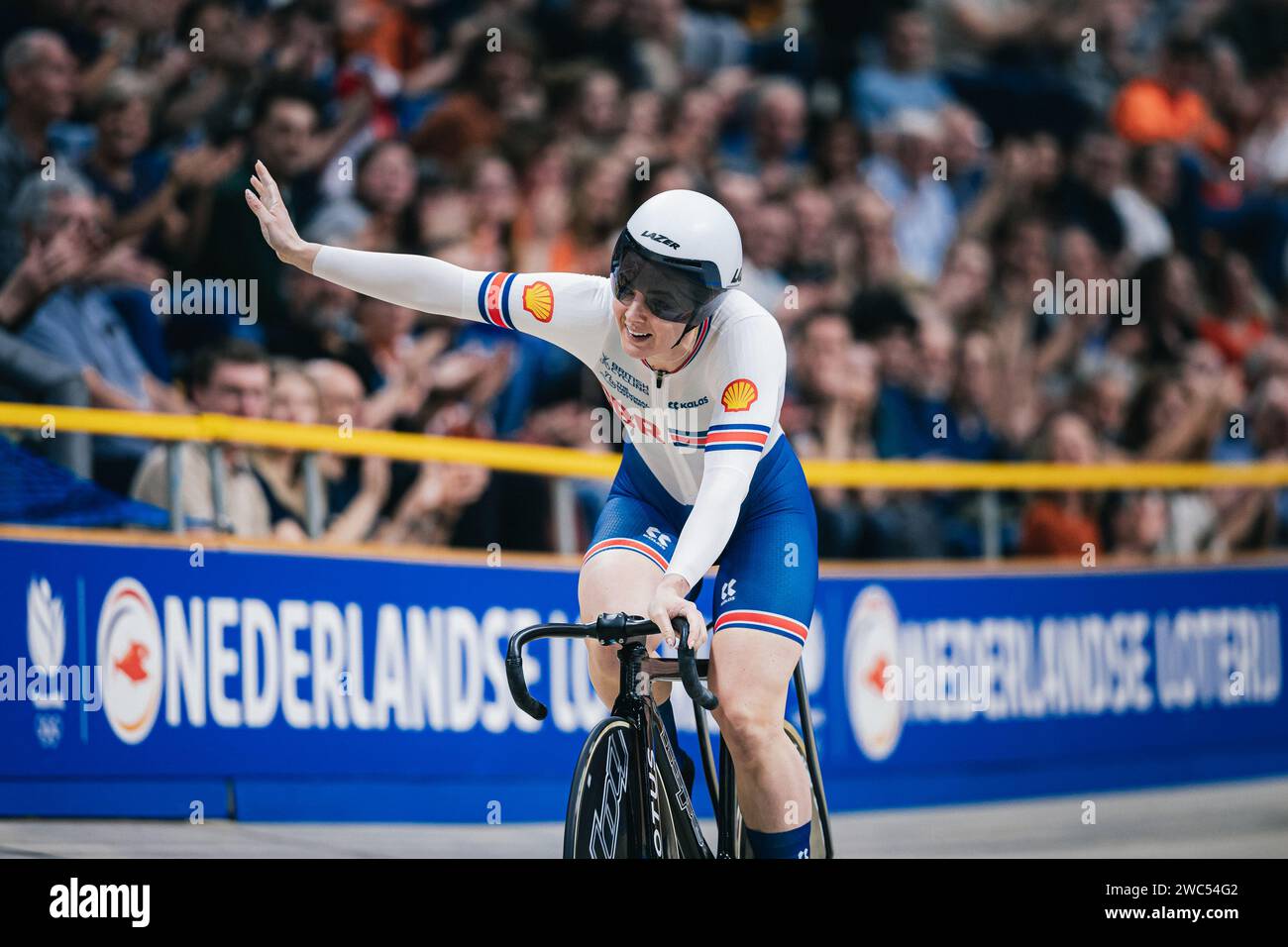 Apeldoorn, Netherlands. 13th Jan, 2024. Picture by Alex Whitehead/SWpix.com - 13/01/2024 - Cycling - 2024 UEC Track Elite European Championships - Omnisport, Apeldoorn, Netherlands - Women's 500m Time Trial Final - Katy Marchant of Great Britain wins Gold. Credit: SWpix/Alamy Live News Stock Photo