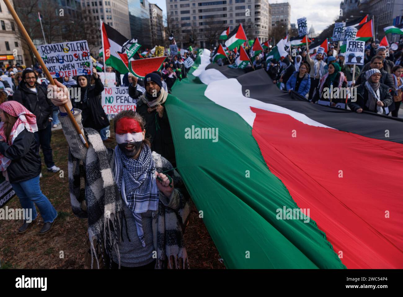 Washington, USA. 14th Jan, 2024. Protesters take part in a pro