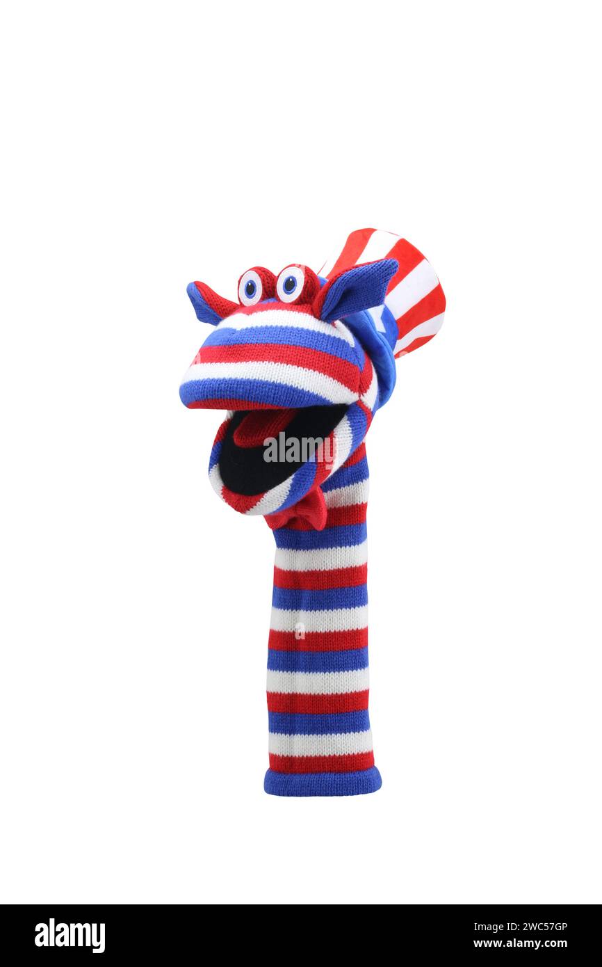 little funny sock puppet isolated on white background. hand theater soft toys collection. space