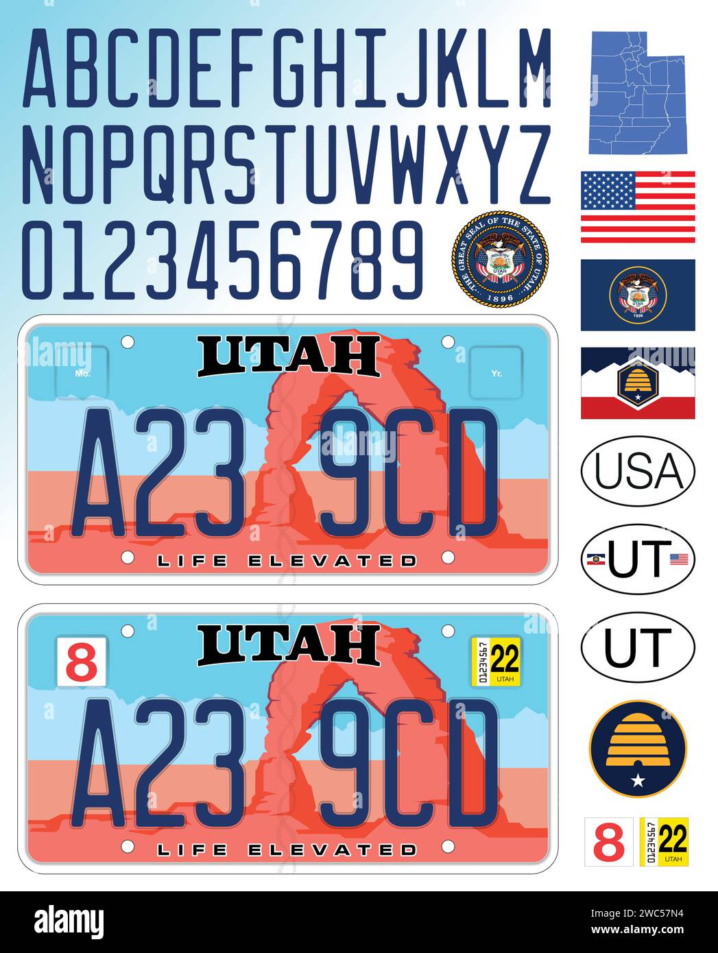 Utah state car license plate pattern with arch, letters, numbers and symbols, vector