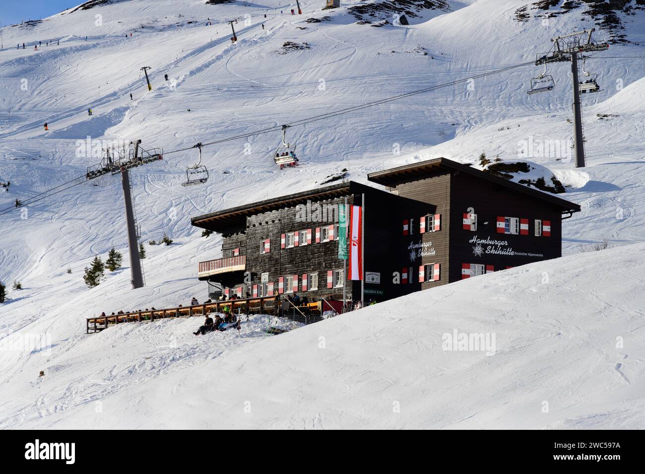 Bad Gastein, Salzburg, Austria - December 29 2023: Hamburger Hutte Mountain Hut and Ski Restaurant Stock Photo