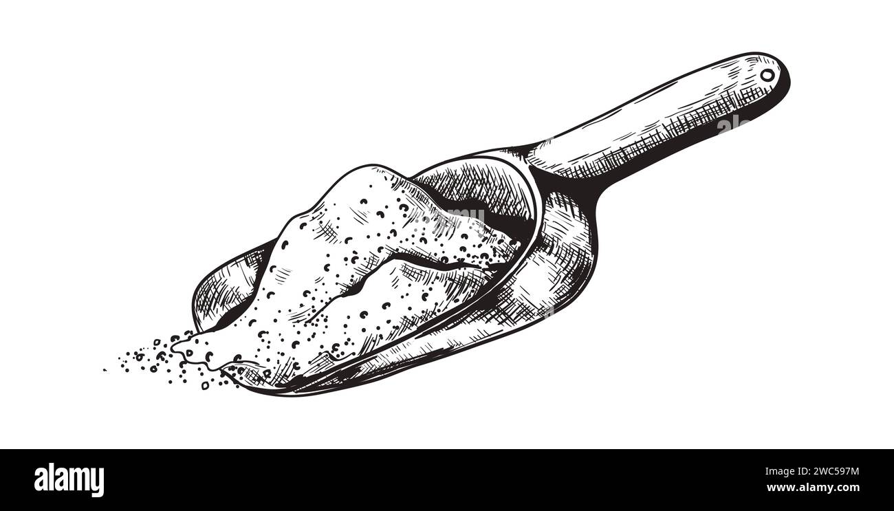 Hand drawn scoop. Outline shovel scooping up sand or sugar. Isolated