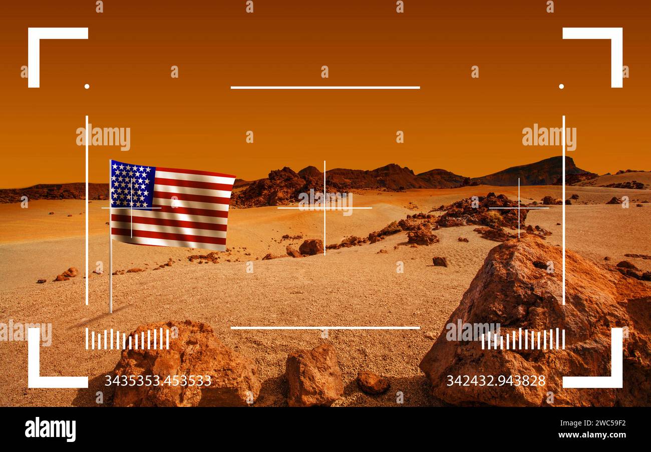 Red landscape through viewfinder of Mars rover, American space program concept. Desert with USA flag Stock Photo