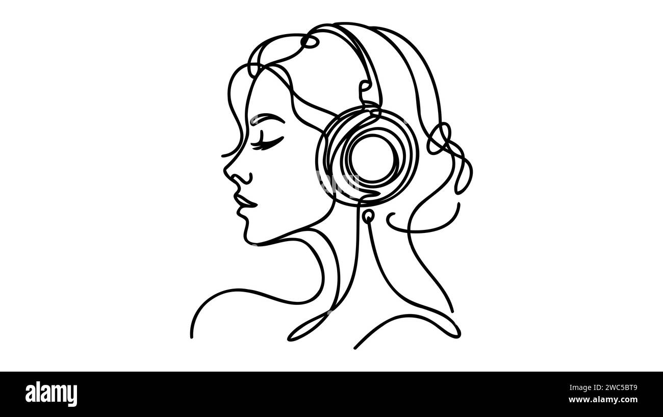 Woman with Headphones Continuous Line Art Drawing. Female Head with
