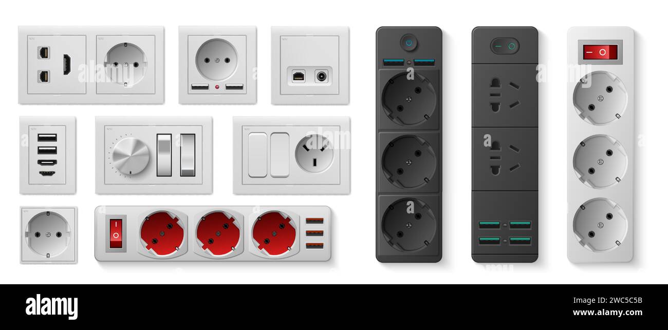 Power strip. Realistic electric socket with USB ports and switches
