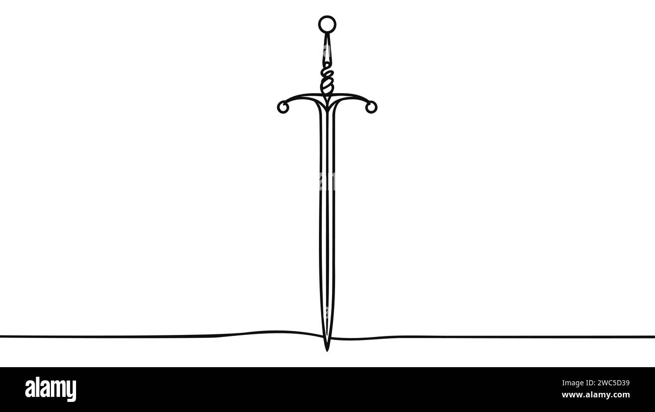 Single continuous line drawing sword icon, metal sword, European straight swords, Asia sword