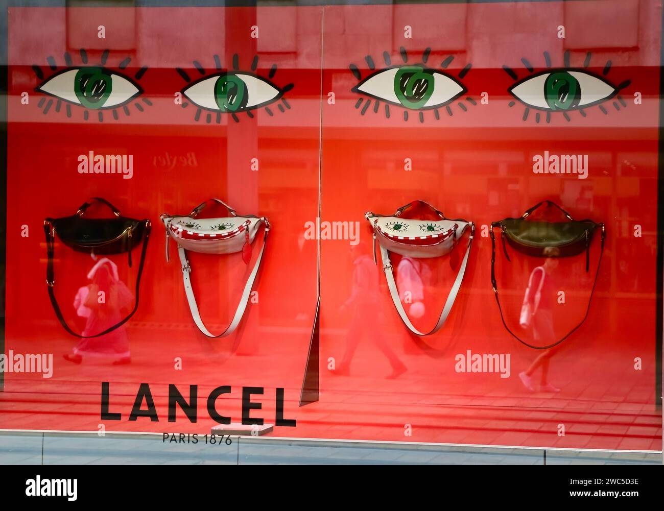 Shop window with an amusing display of handbags from French retailer Lancel at the Galeries Lafayette department store Rue Nationale Tours France Stock Photo