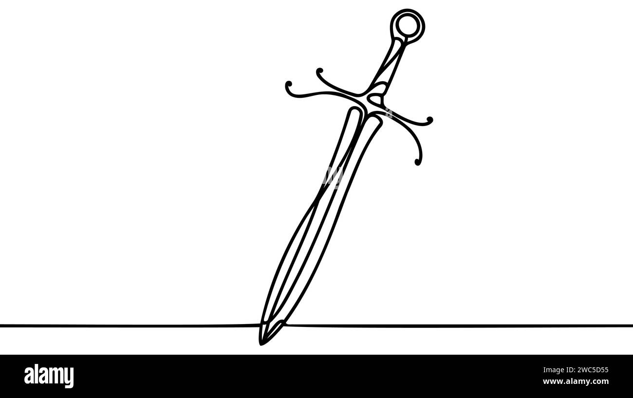 Single continuous line drawing sword icon, metal sword, European