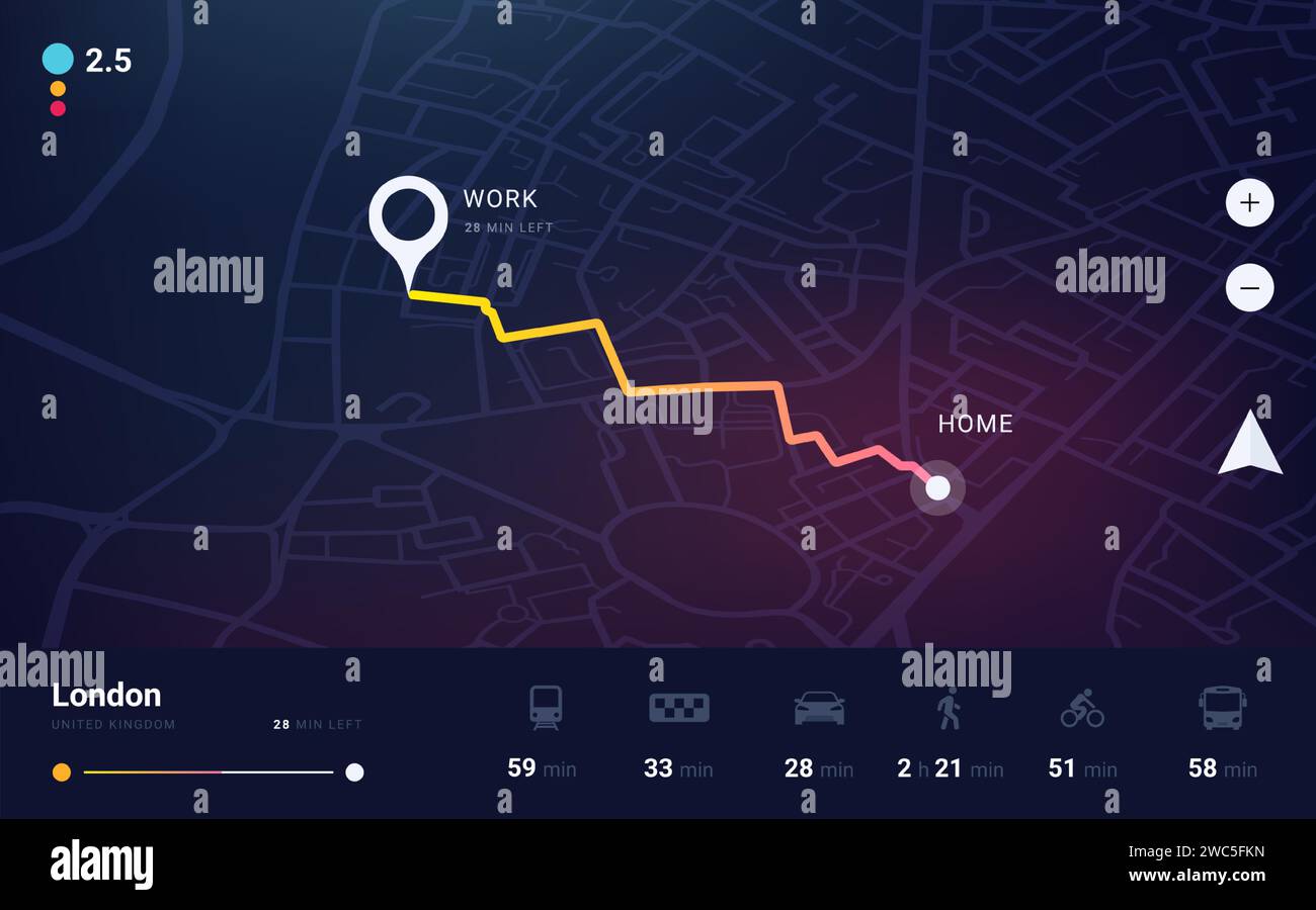 GPS track. City map application with navigation UI. Tracking path and 