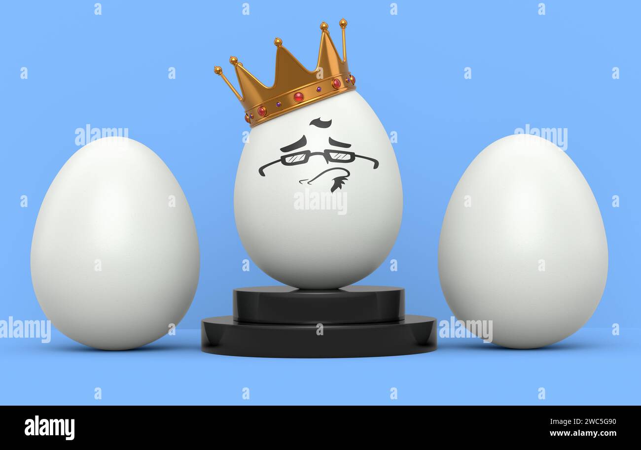 Group of farm white chicken eggs and unique egg with funny face and ...