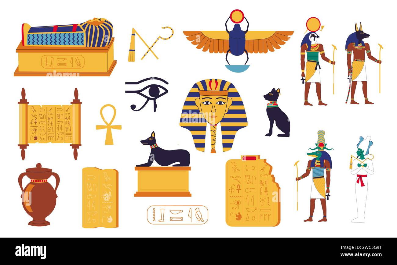 Egypt hieroglyphs. Cartoon Egyptian culture elements. Ancient graves of ...