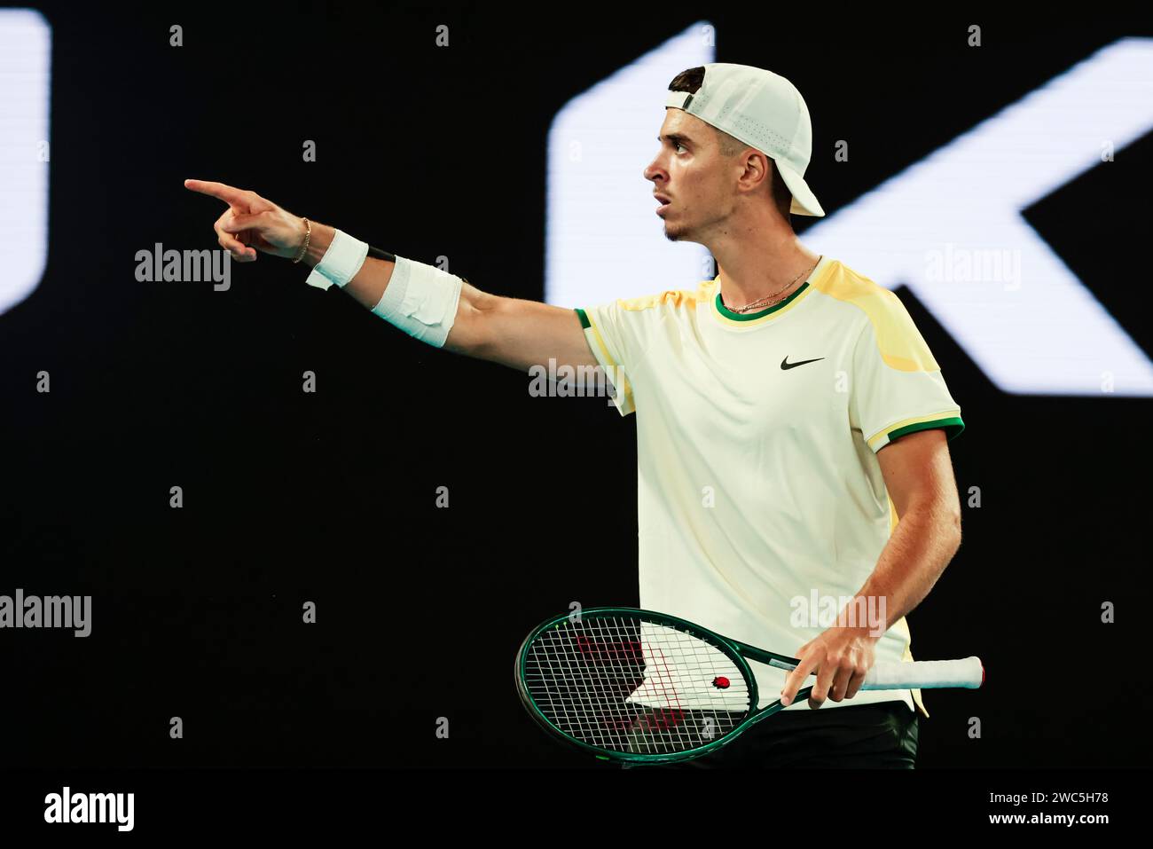 Melbourne, Australia, 14th Jan, 2024. Tennis player Dino Prizmic from Croatia is in action Melbourne, Australia, 14th Jan, 2024. Tennis player Dino Prizmic from Croatia is in action