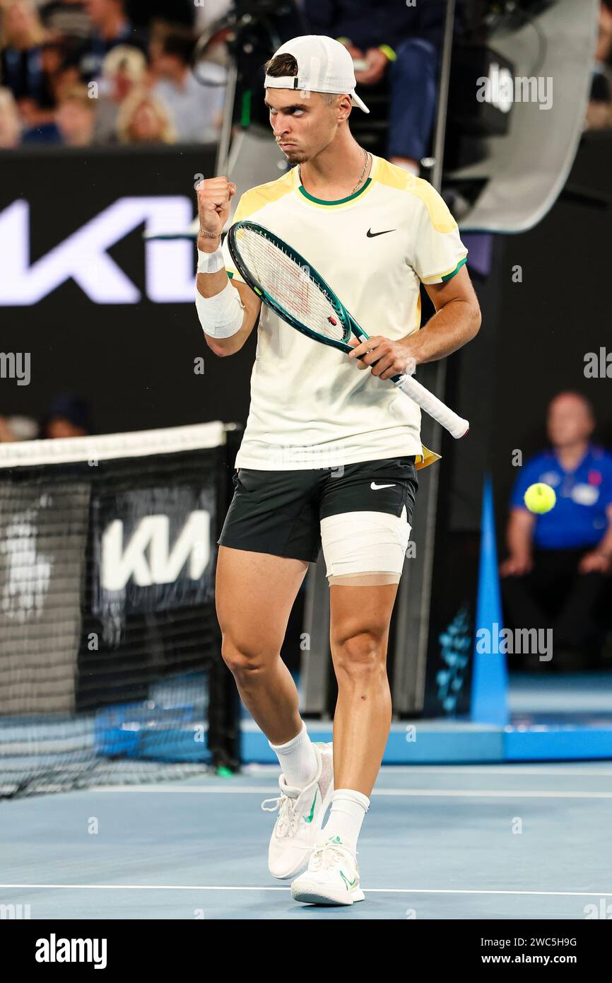 Melbourne, Australia, 14th Jan, 2024. Tennis player Dino Prizmic from Croatia is in action Melbourne, Australia, 14th Jan, 2024. Tennis player Dino Prizmic from Croatia is in action