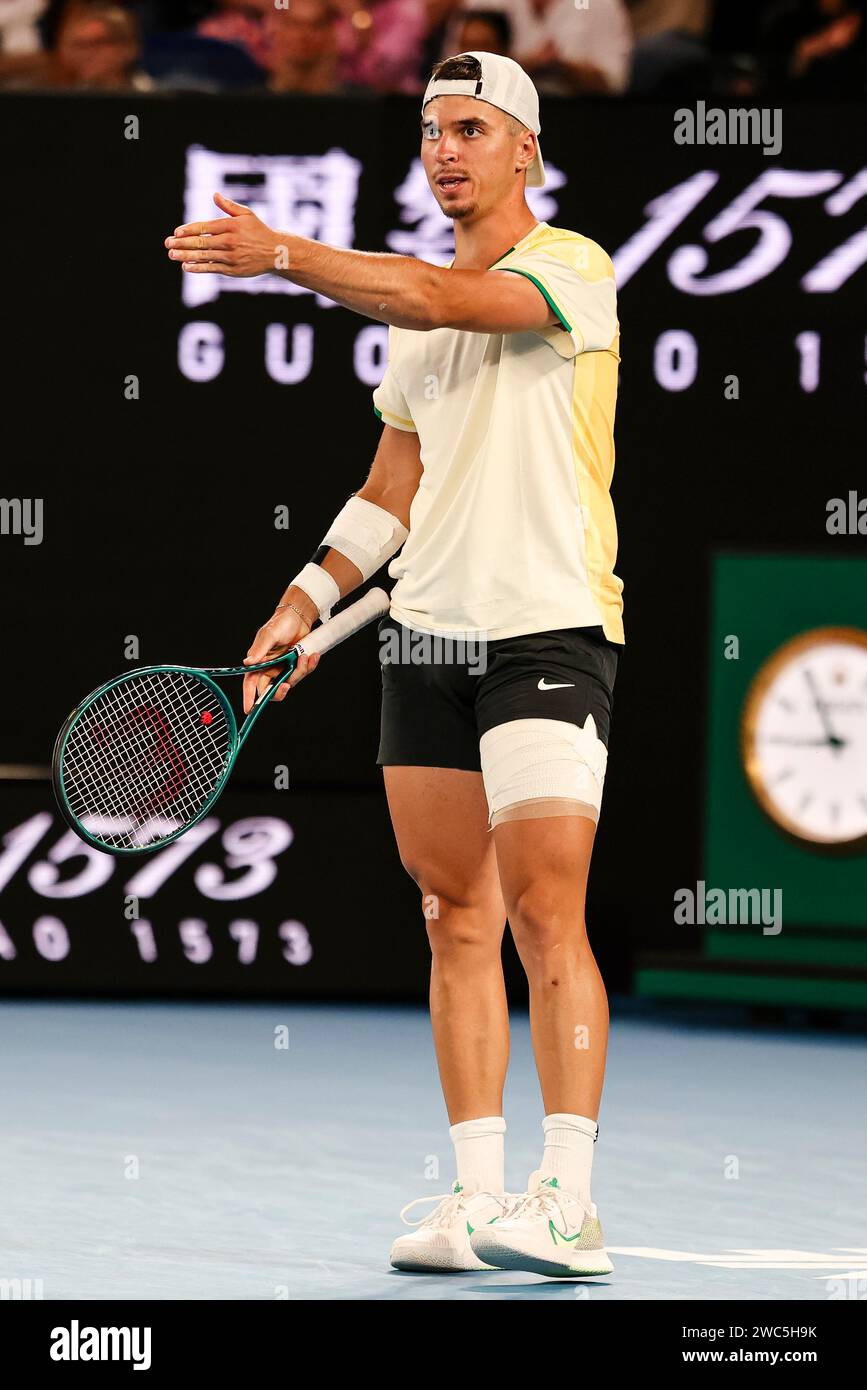 Melbourne, Australia, 14th Jan, 2024. Tennis player Dino Prizmic from Croatia is in action Melbourne, Australia, 14th Jan, 2024. Tennis player Dino Prizmic from Croatia is in action