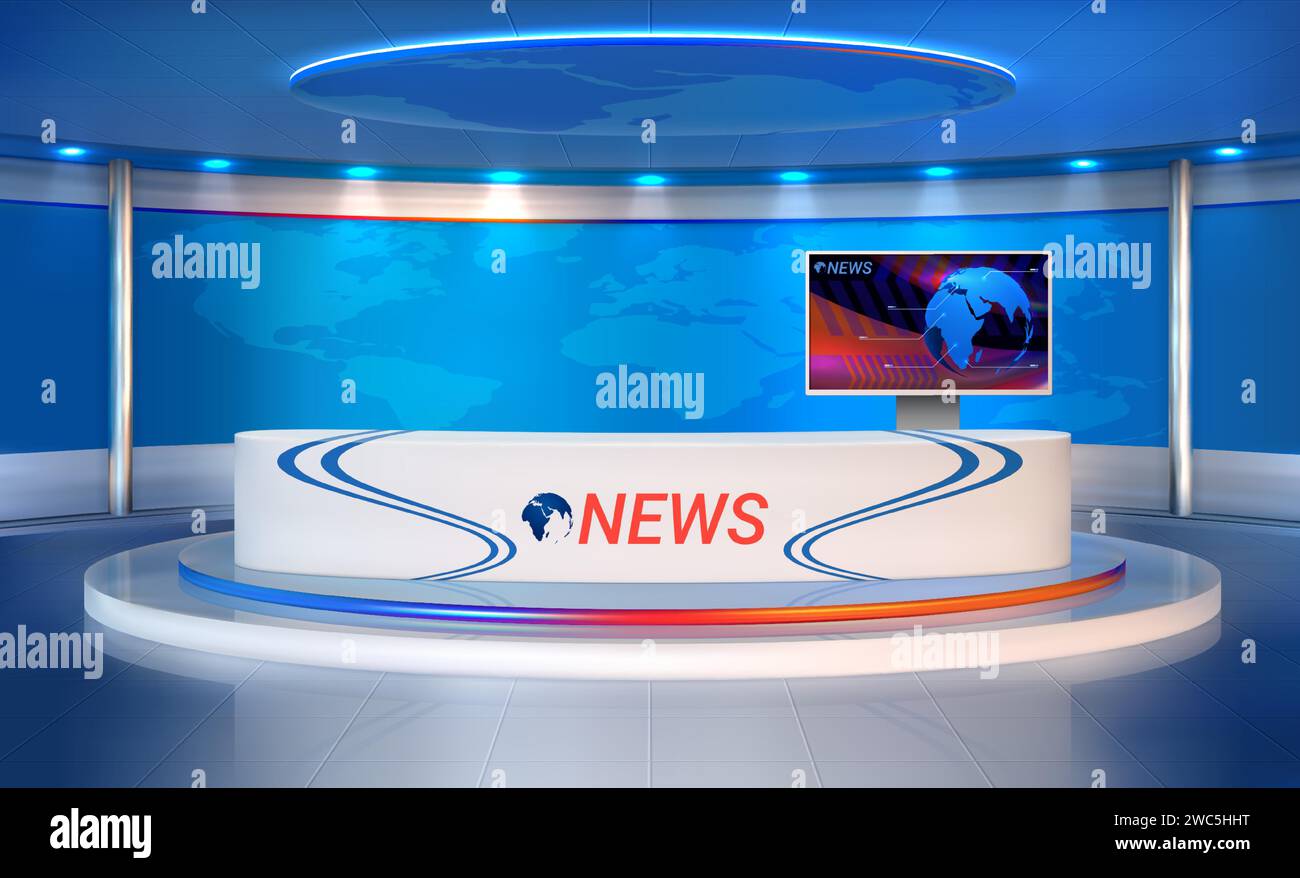 News room. Realistic studio for recording TV programs. 3D interior